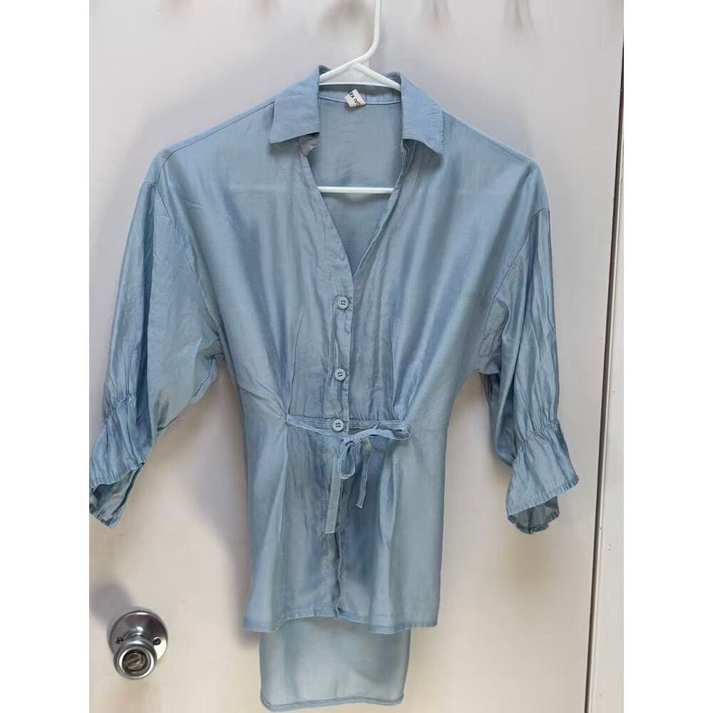 Women Light Blue Shirt Blouse Tie Front Cinched Waist Ruffle Sleeve Top Casual M - Picture 2 of 9